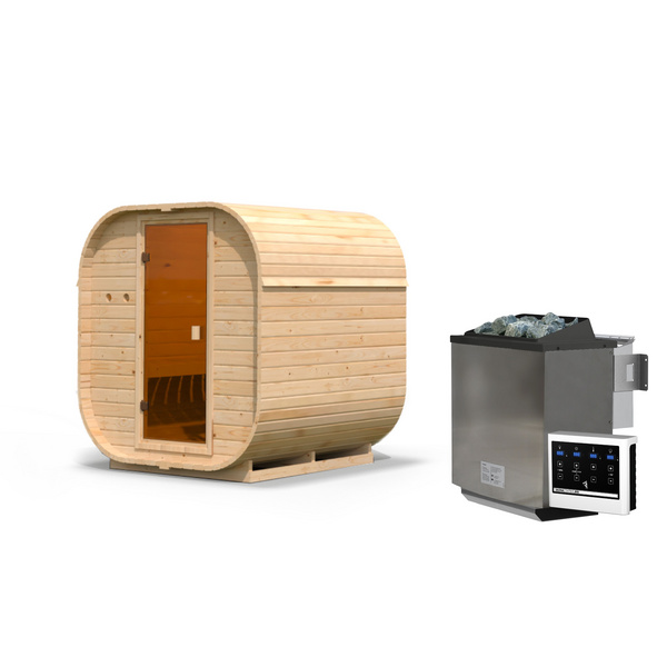 Fasssauna Quadro 1 SET naturbelassen mit Ofen 9kW Bio ext. Strg. 1750x1990x2050mm