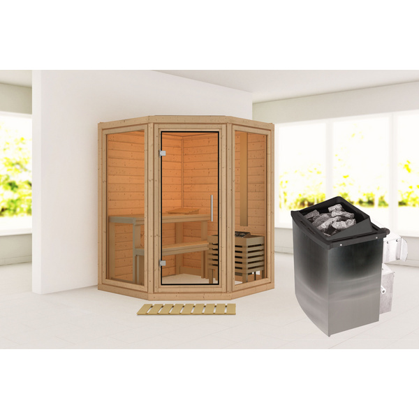 Massivholzsauna Yuma SET mit Ofen 9kW integr. Strg. 1580x1580x2070mm