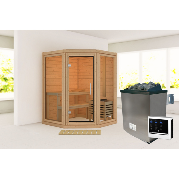 Massivholzsauna Yuma SET mit Ofen 9kW ext. Strg. 1580x1580x2070mm