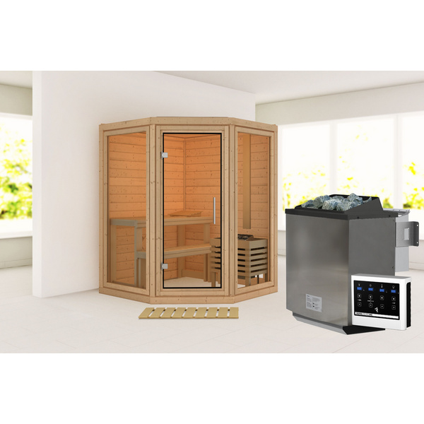 Massivholzsauna Yuma SET mit Ofen 9kW Bio ext. Strg. 1580x1580x2070mm
