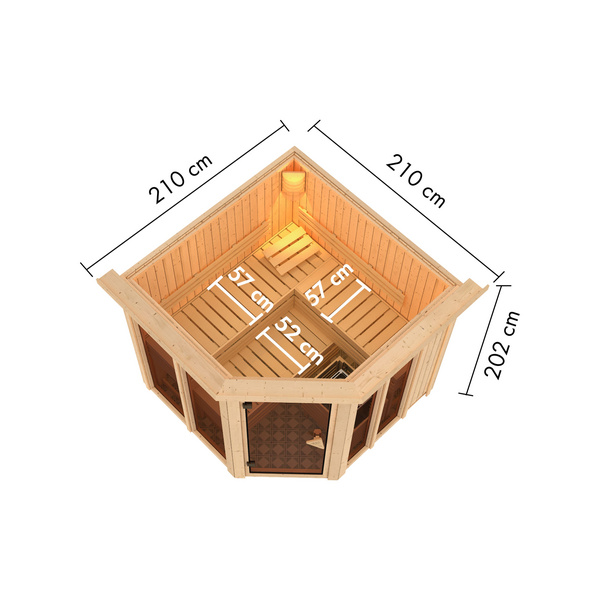 Systemsauna Airi mit Kranz SET mit Ofen 9kW ext. Strg. 2100x2100x2020mm