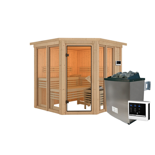 Systemsauna Airi mit Kranz SET mit Ofen 9kW ext. Strg. 2100x2100x2020mm