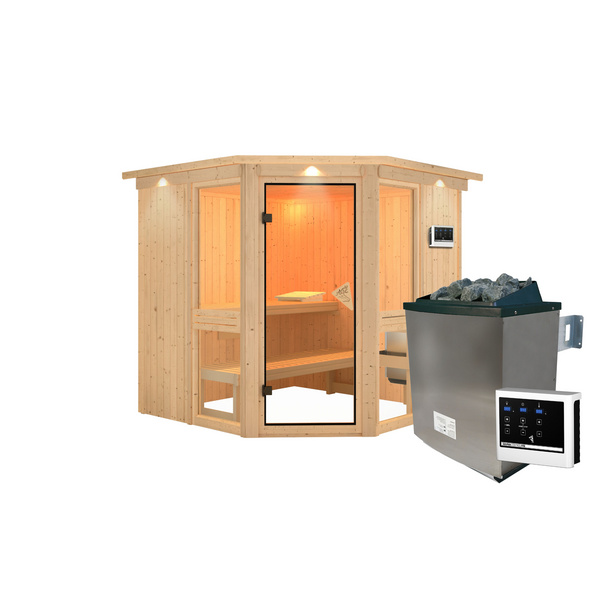 Systemsauna Amelia 2 mit Kranz SET mit Ofen 9kW ext. Strg. 2100x2100x2020mm