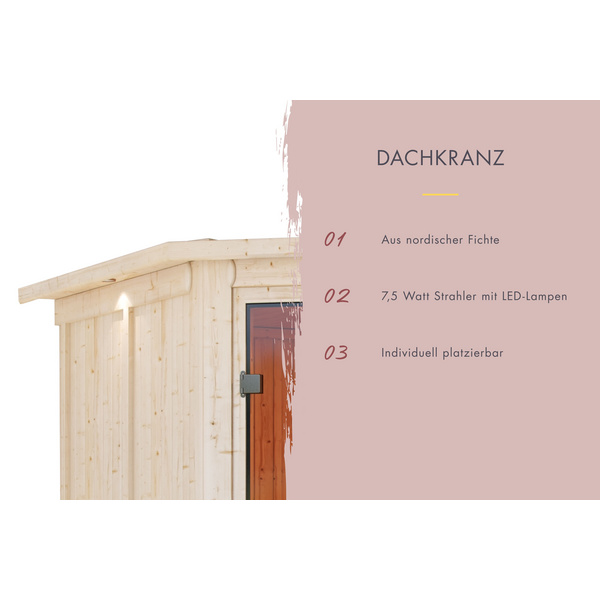 Systemsauna Amelia 2 mit Kranz SET mit Ofen 9kW ext. Strg. 2100x2100x2020mm