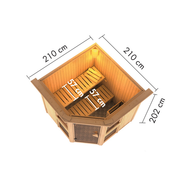 Systemsauna Amelia 2 mit Kranz SET mit Ofen 9kW Bio ext. Strg. 2100x2100x2020mm