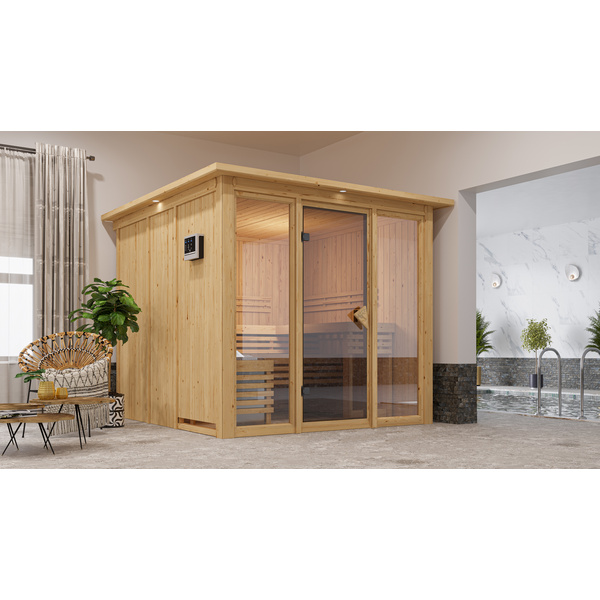 Systemsauna Askja mit bronz. Tür, Glasfront und Kranz SET mit Ofen 9kW integr. Strg. 2405x2480x2020mm