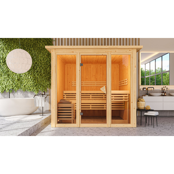 Systemsauna Askja mit bronz. Tür, Glasfront und Kranz SET mit Ofen 9kW integr. Strg. 2405x2480x2020mm