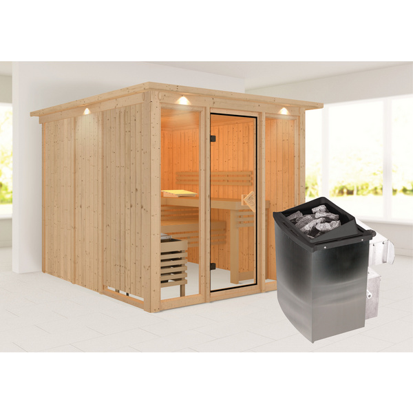 Systemsauna Askja mit bronz. Tür, Glasfront und Kranz SET mit Ofen 9kW integr. Strg. 2405x2480x2020mm