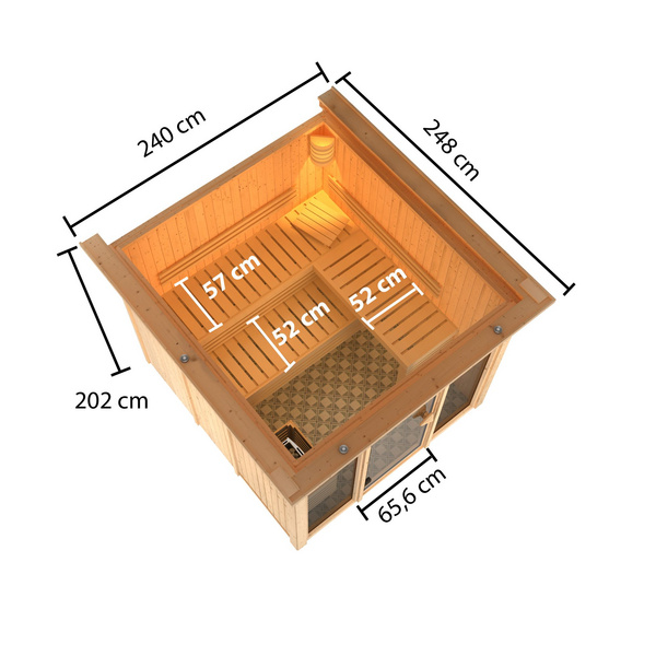 Systemsauna Askja mit bronz. Tür, Glasfront und Kranz SET mit Ofen 9kW integr. Strg. 2405x2480x2020mm