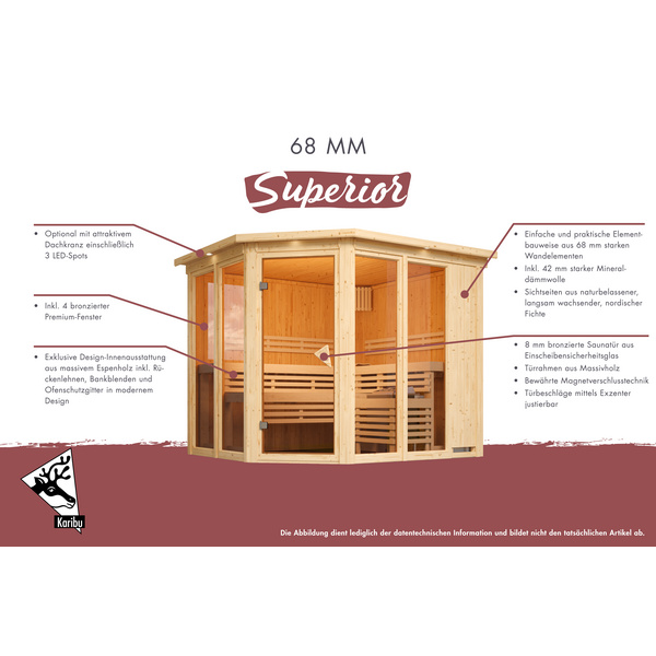 Systemsauna Askja mit bronz. Tür, Glasfront und Kranz SET mit Ofen 9kW integr. Strg. 2405x2480x2020mm