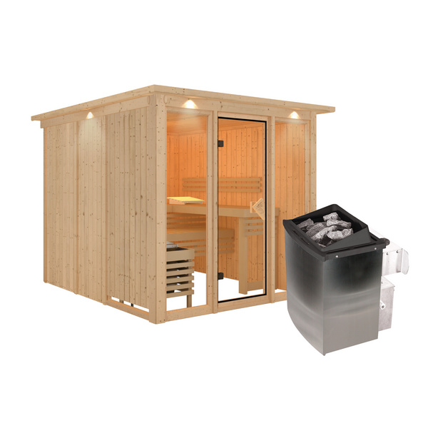 Systemsauna Askja mit bronz. Tür, Glasfront und Kranz SET mit Ofen 9kW integr. Strg. 2405x2480x2020mm