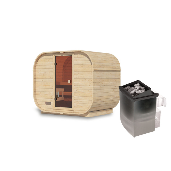 Fasssauna Quadro 1 Plus SET naturbelassen mit Ofen 9kW integr. Strg. 1750x2425x2050mm