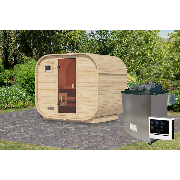 Fasssauna Quadro 1 Plus SET naturbelassen mit Ofen 9kW ext. Strg. 1750x2425x2050mm