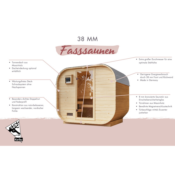 Fasssauna Quadro 1 Plus SET naturbelassen mit Ofen 9kW ext. Strg. 1750x2425x2050mm