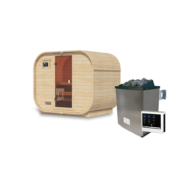 Fasssauna Quadro 1 Plus SET naturbelassen mit Ofen 9kW ext. Strg. 1750x2425x2050mm