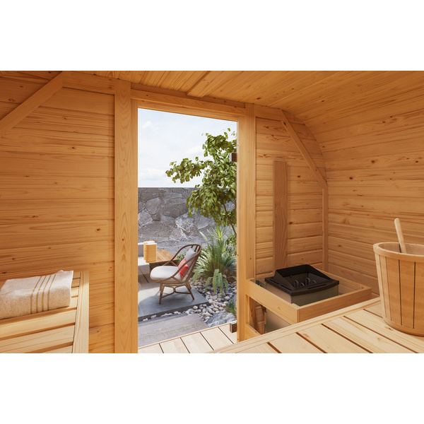 Fasssauna Quadro 1 Plus SET naturbelassen mit Ofen 9kW ext. Strg. bio 1750x2425x2050mm