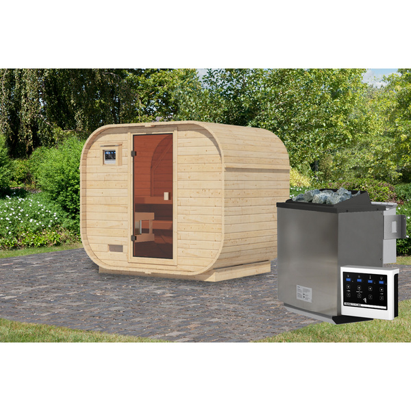Fasssauna Quadro 1 Plus SET naturbelassen mit Ofen 9kW ext. Strg. bio 1750x2425x2050mm