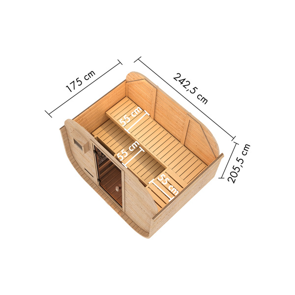 Fasssauna Quadro 1 Plus SET naturbelassen mit Ofen 9kW ext. Strg. bio 1750x2425x2050mm