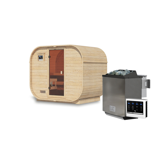 Fasssauna Quadro 1 Plus SET naturbelassen mit Ofen 9kW ext. Strg. bio 1750x2425x2050mm