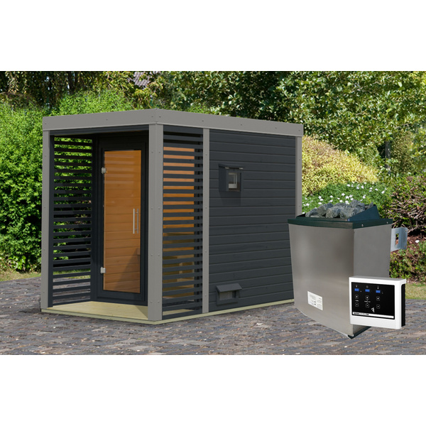 Saunahaus Ares 1 SET anthrazit / graualuminium mit Ofen 9kW ext. Strg. 2760x1910x2315mm