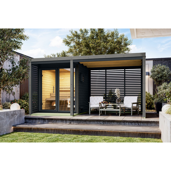 Saunahaus Ares 1 SET anthrazit / graualuminium mit Ofen 9kW Bio ext. Strg. 2760x1910x2315mm
