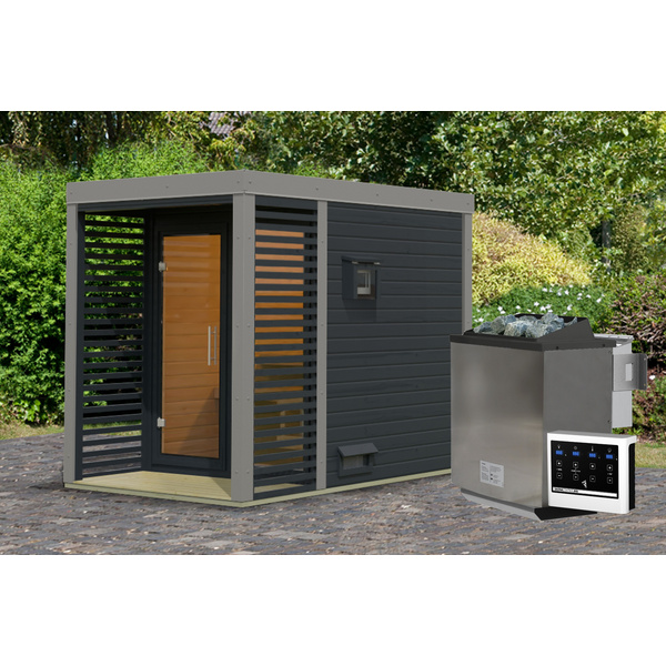 Saunahaus Ares 1 SET anthrazit / graualuminium mit Ofen 9kW Bio ext. Strg. 2760x1910x2315mm