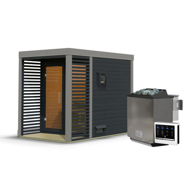 Saunahaus Ares 1 SET anthrazit / graualuminium mit Ofen 9kW Bio ext. Strg. 2760x1910x2315mm