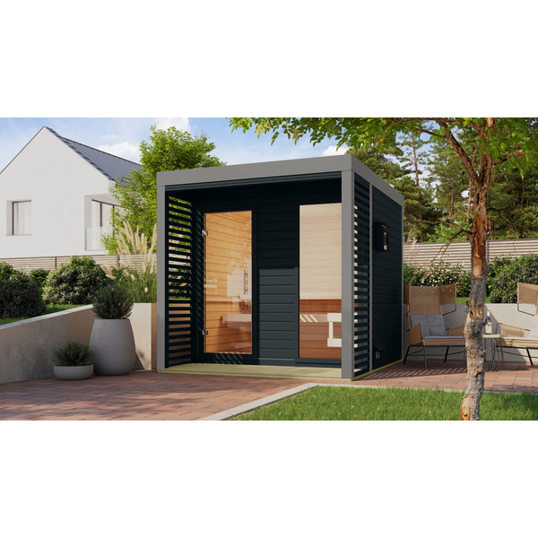 Saunahaus Ares 2 SET anthrazit / graualuminium mit Ofen 9kW Bio ext. Strg. 2760x2310x2315mm