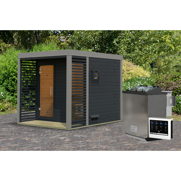 Saunahaus Ares 2 SET anthrazit / graualuminium mit Ofen 9kW Bio ext. Strg. 2760x2310x2315mm