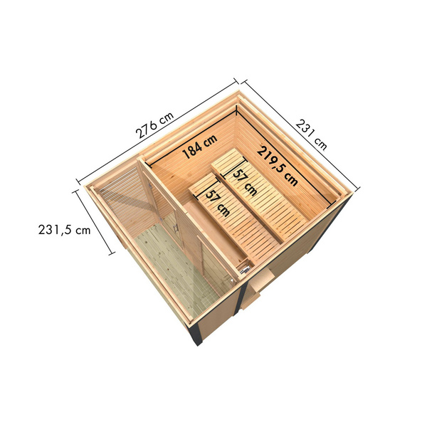 Saunahaus Ares 2 SET anthrazit / graualuminium mit Ofen 9kW Bio ext. Strg. 2760x2310x2315mm