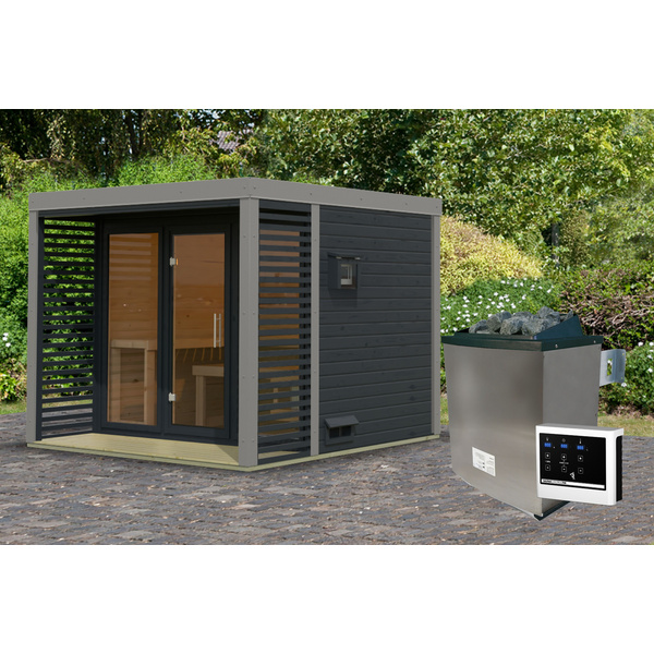 Saunahaus Ares 3 SET anthrazit / graualuminium mit Ofen 9kW extg. Strg 2760x2760x2315mm