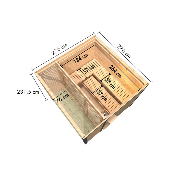 Saunahaus Ares 3 SET anthrazit / graualuminium mit Ofen 9kW extg. Strg 2760x2760x2315mm