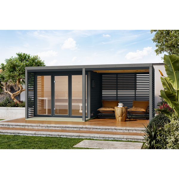 Saunahaus Ares 3 SET anthrazit / graualuminium mit Ofen 9kW Bio extg. Strg 2760x2760x2315mm