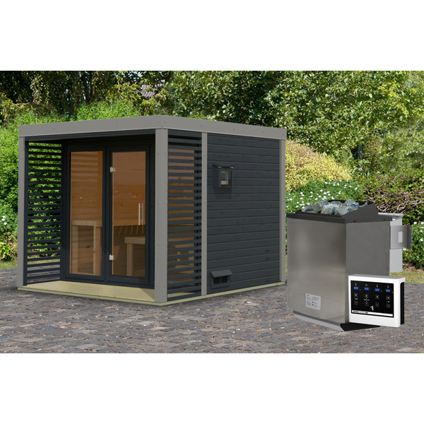 Saunahaus Ares 3 SET anthrazit / graualuminium mit Ofen 9kW Bio extg. Strg 2760x2760x2315mm