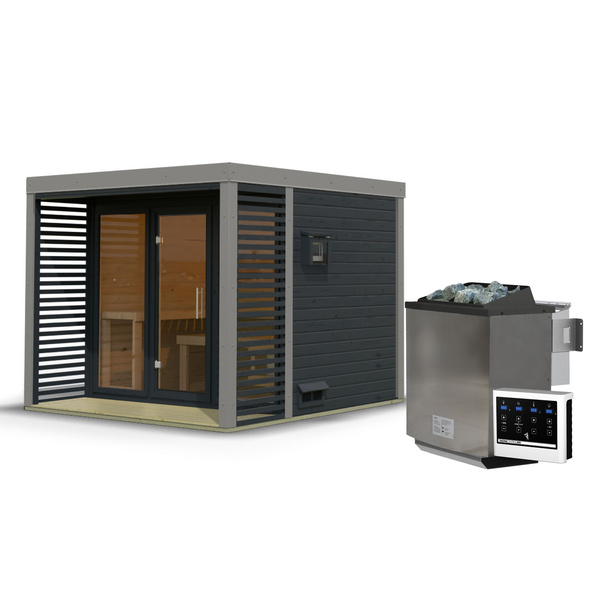 Saunahaus Ares 3 SET anthrazit / graualuminium mit Ofen 9kW Bio extg. Strg 2760x2760x2315mm
