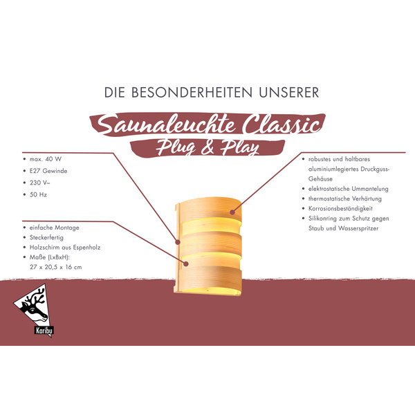 Saunaleuchte Classic Plug and Play Leuchte IP54, E27, steckerfertige Verbindung zum Steuergerät