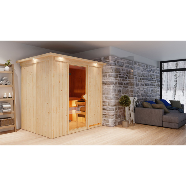 Systemsauna Bodin mit Kranz SET Ofen 9kW Bio ext. Strg. Easy 2100x1650x2020mm