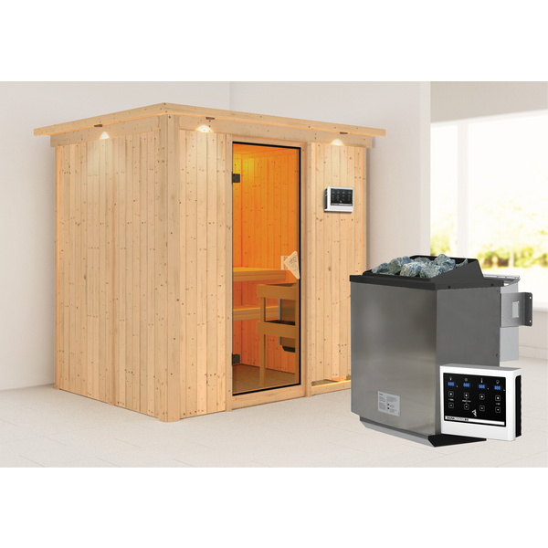 Systemsauna Bodin mit Kranz SET Ofen 9kW Bio ext. Strg. Easy 2100x1650x2020mm