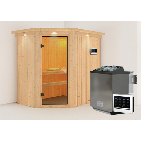 Systemsauna Carin mit Kranz SET mit Ofen 9kW Bio ext. Strg. Easy 1650x2100x2020mm