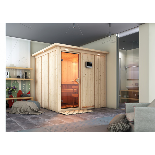 Systemsauna Rodin mit Kranz SET mit Ofen 9kW Bio ext. Strg. Easy 2100x2100x2020mm