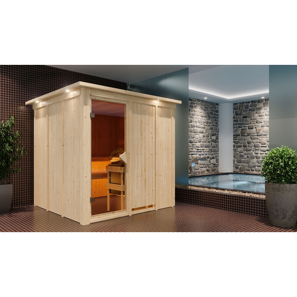 Systemsauna Rodin mit Kranz SET mit Ofen 9kW Bio ext. Strg. Easy 2100x2100x2020mm