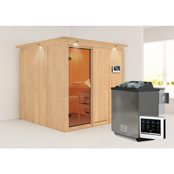 Systemsauna Rodin mit Kranz SET mit Ofen 9kW Bio ext. Strg. Easy 2100x2100x2020mm