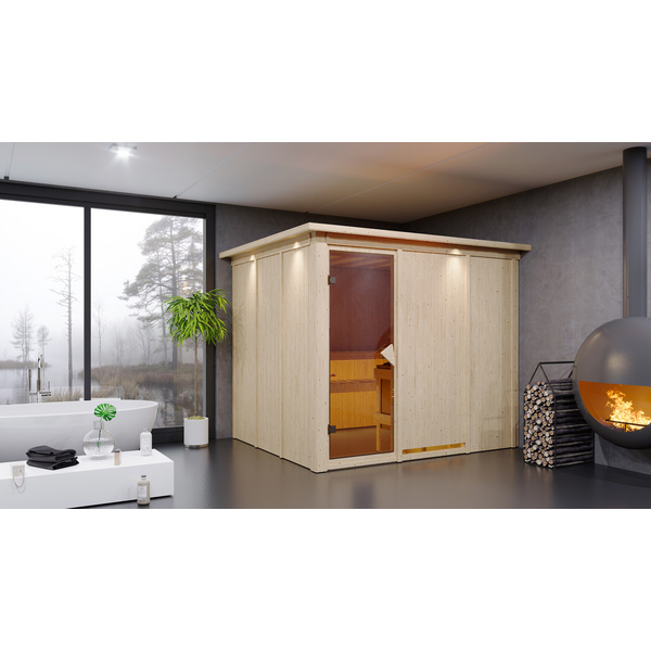 Systemsauna Gobin mit Kranz SET mit Ofen 9kW Bio ext. Strg. Easy 2450x2100x2020mm