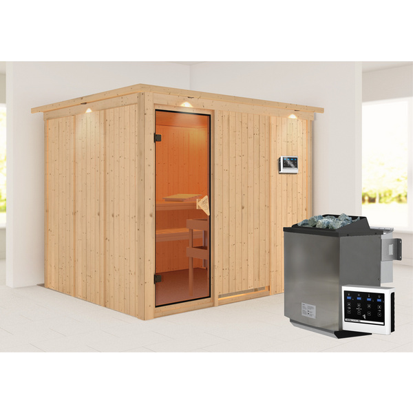 Systemsauna Gobin mit Kranz SET mit Ofen 9kW Bio ext. Strg. Easy 2450x2100x2020mm