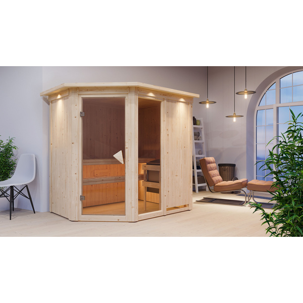 Systemsauna Fiona 1 mit bronz. Tür und Kranz SET mit Ofen 9kW Bio externe Strg Easy 2100x1650x2020mm