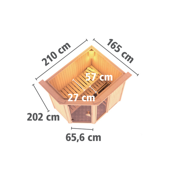 Systemsauna Fiona 1 mit bronz. Tür und Kranz SET mit Ofen 9kW Bio externe Strg Easy 2100x1650x2020mm