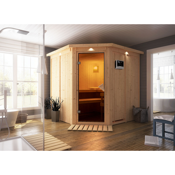 Systemsauna Jarin mit Kranz SET mit Ofen 9kW Edelstahl ext. Strg Easy 2100x2100x2020mm
