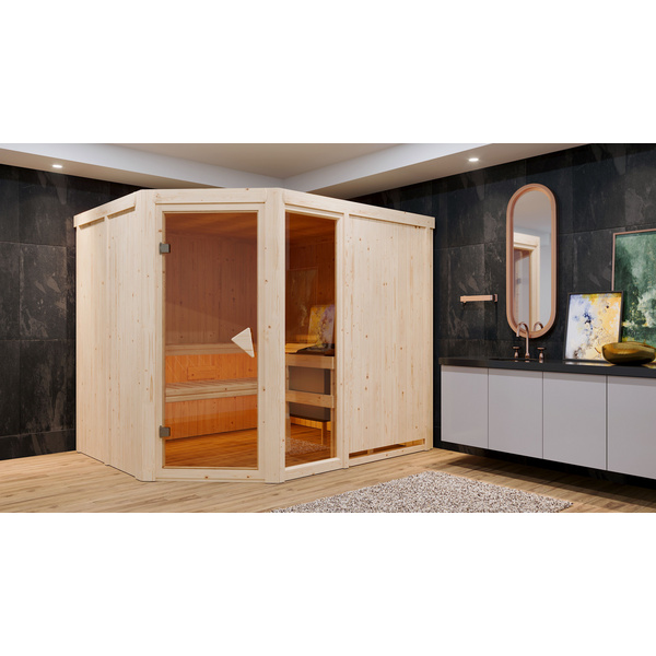 Systemsauna Fiona 3 mit bronz. Tür SET mit Ofen 9kW Bio Edelstahl ext. Strg Easy 2310x1960x1980mm