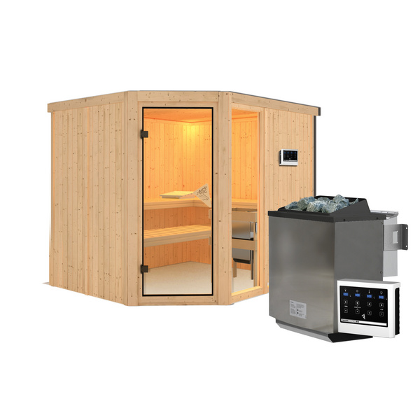 Systemsauna Fiona 3 mit bronz. Tür SET mit Ofen 9kW Bio Edelstahl ext. Strg Easy 2310x1960x1980mm