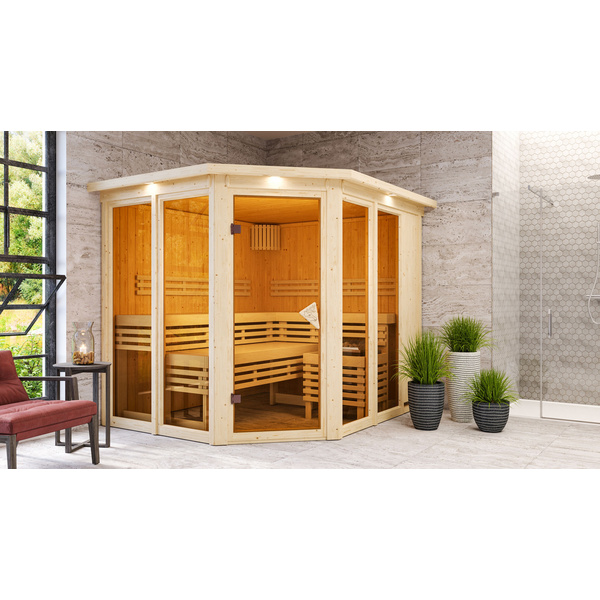 Systemsauna Ainur mit bronz. Tür und Kranz SET mit Ofen 9kW integr. Strg. 2450x2100x2020mm